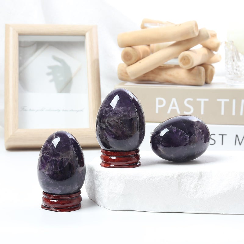 Fekuar Stone Egg Figurine, Polished Healing Crystal Easter Eggs Sphere Sculpture with Wood Stand, Natural Amethyst, 1.8" - Image 3